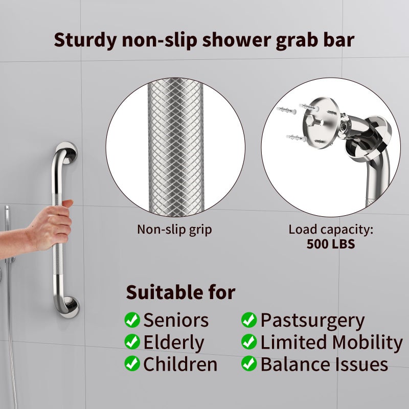 ZUEXT 2 Pack 16 Inch Anti Slip Shower Grab Bar Handle, ZUEXT Chrome Stainless Steel Bathroom Grab Bar, Knurled Bathroom Balance Bar,Safety Hand Rail Support,Handicap Elderly Injury Senior Assist Bath Handle - Image 5